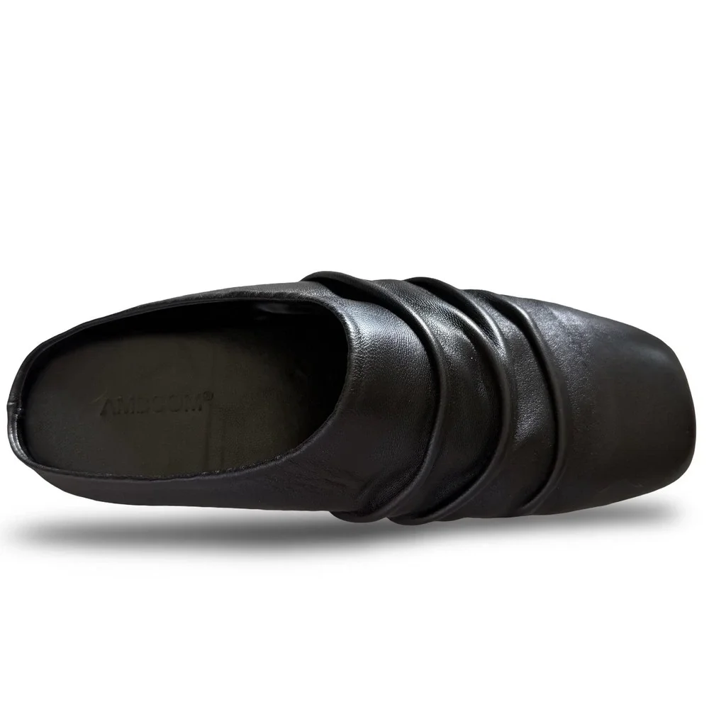 Black Faux Leather Ruched Square Toe Mules Mens Sz 8.5 Flat Slip On Slides